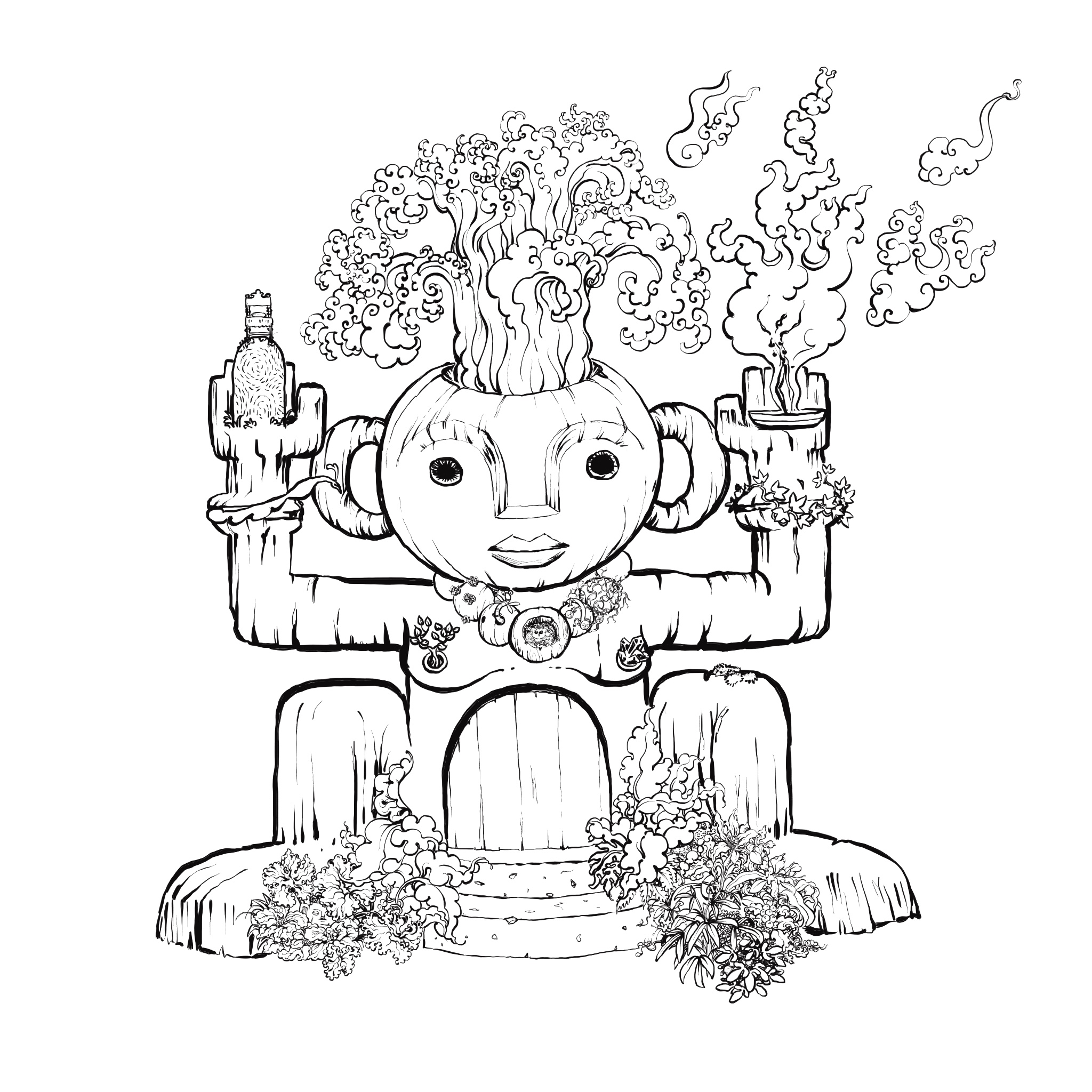 Drawing by Letranger figuring a totem on top of stairs. Its belly is a door, a vertical waterfall is rushing upwards from their head.